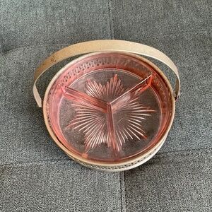 Vintage Pink Depression Glass Relish Dish with Metal Carrier